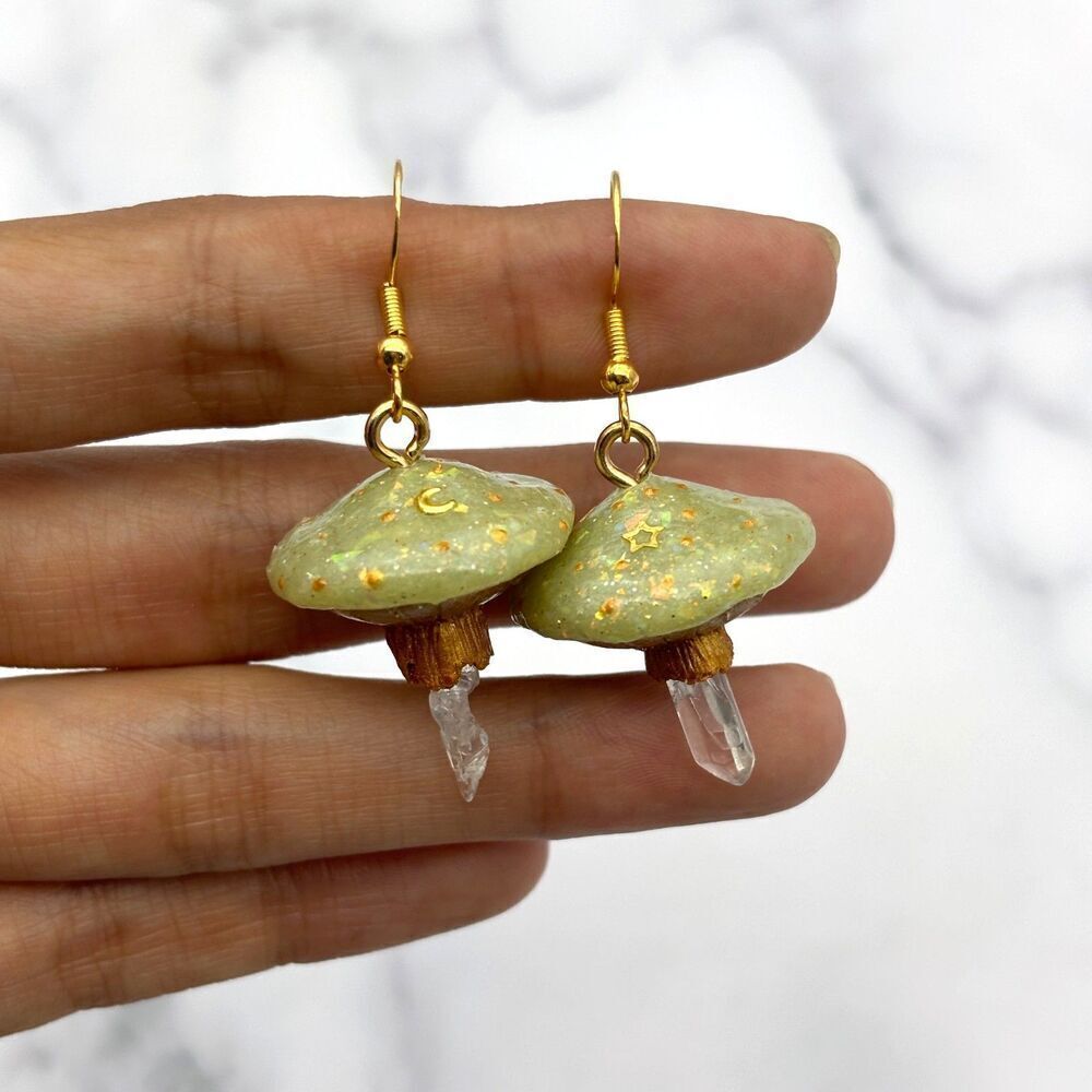 Green Mushroom Quartz Crystal Earrings | Polymer Clay Dangle with Moon and Star